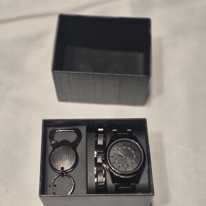 Men's Black Watch and Keychain Set